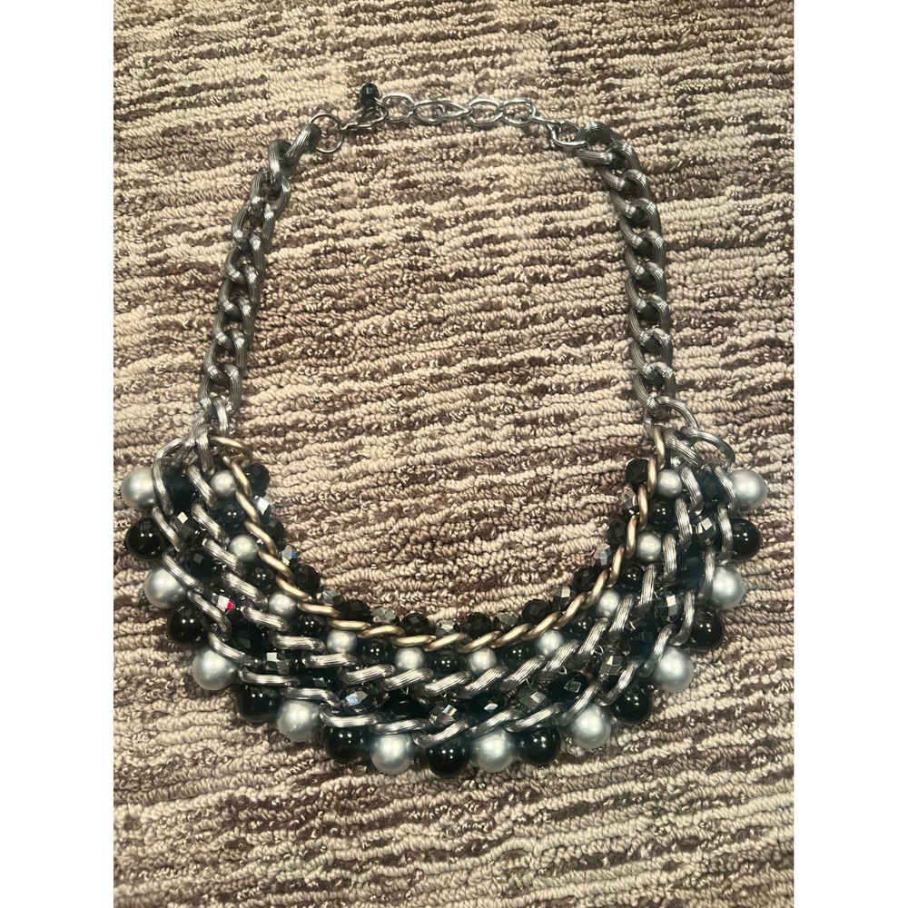 Silver Tone Multi Strand Woven Chain Bib Necklace Black Silver Faux Pearl Bead